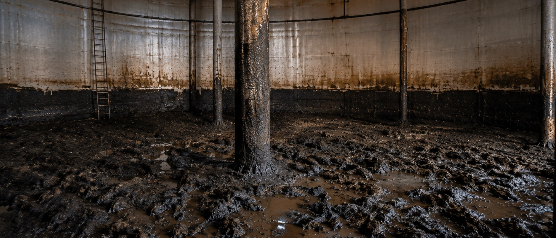 Crude storage tank before decontamination, heavy sludge compaction