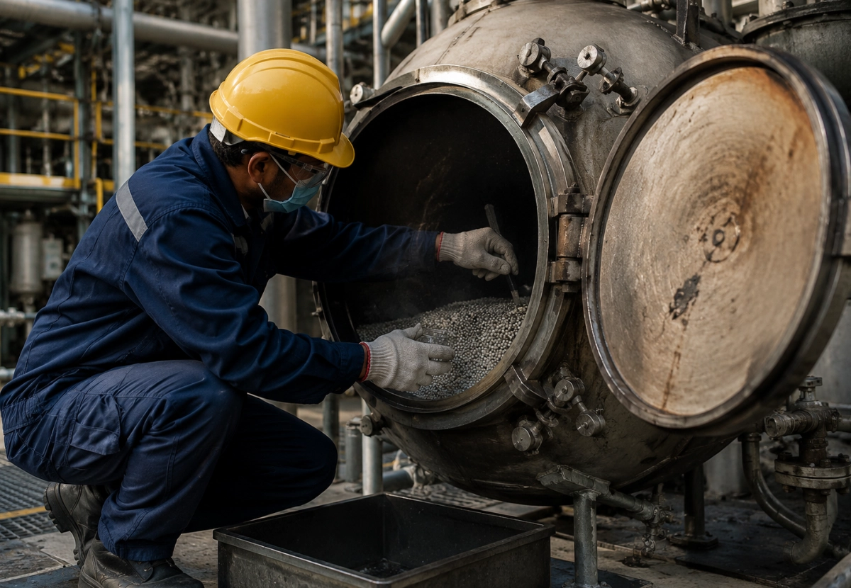 Catalyst extraction from a PSA vessel under nitrogen